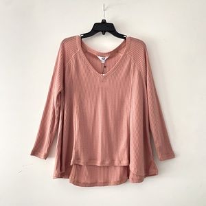 Jack by BB Dakota Medium Pink Waffle Knit V Neck Sweater Oversized Top High Low